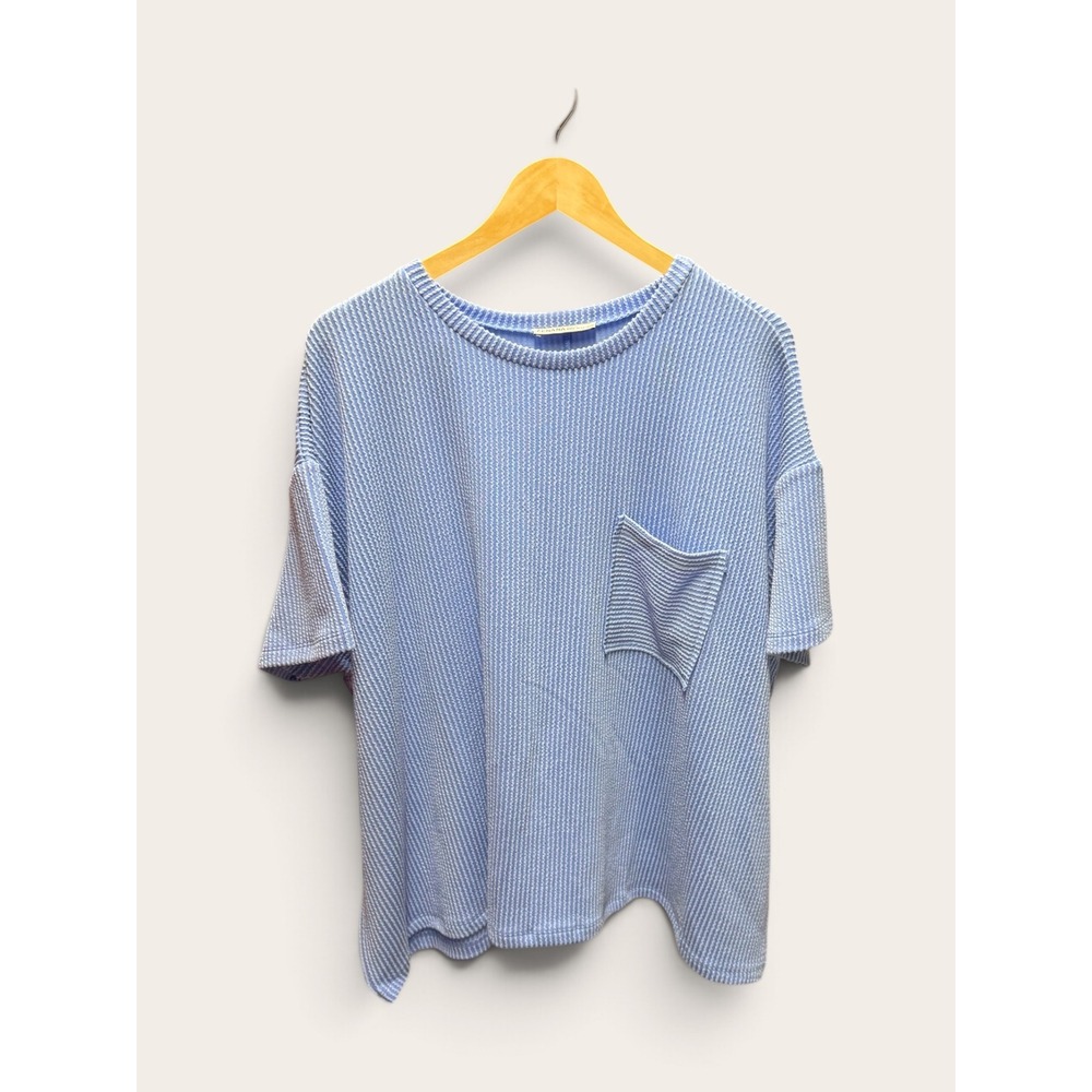 Zenana Oversized Textured Stripe Short Sleeve Top Blue White RTL-8517 2X/3X